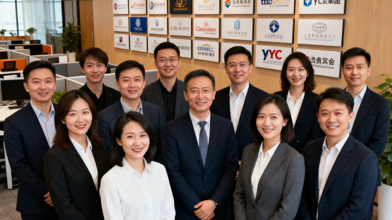 tyc贵宾会集团北京总部核心团队成员在开放式办公区的合影，背景墙面悬挂着集团服务过的全球知名企业标识墙，团队成员着装专业统一，面带自信微笑，展现高端服务团队的职业素养与凝聚力。