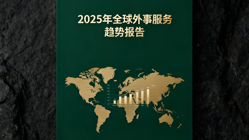 tyc贵宾会发布的2025年全球外事服务趋势报告封面图，设计采用深墨绿底色配香槟金色标题文字，封面上印有全球地图轮廓和趋势数据图表。