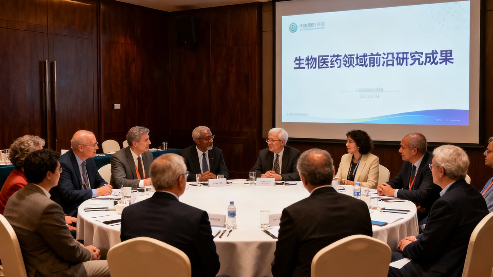 tyc贵宾会统筹的海外学术闭门研讨会场景，圆桌旁坐满来自不同国家的学者，投影屏幕上展示着生物医药领域的前沿研究成果，会议室采用暖色调灯光与深色木质装饰，营造专注而私密的交流氛围。