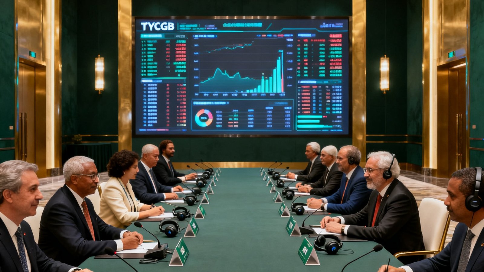 tycgb贵宾厅内企业峰会接待实景，长条形谈判桌两侧坐着多国商务代表，桌面上整齐摆放着定制名牌和同声传译耳机，背景为巨幅LED屏幕显示实时数据，空间采用深墨绿与香槟金色调装饰，彰显专业与尊贵。