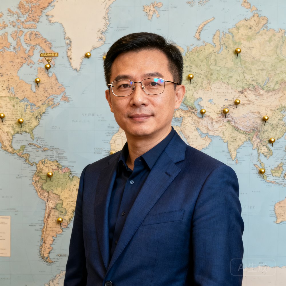 tyc贵宾会集团海外事务总监陈礼文先生的职业肖像照，他佩戴细框眼镜，身着藏蓝色西装，身后是世界地图背景墙，图钉标记着全球合作联络处的位置。